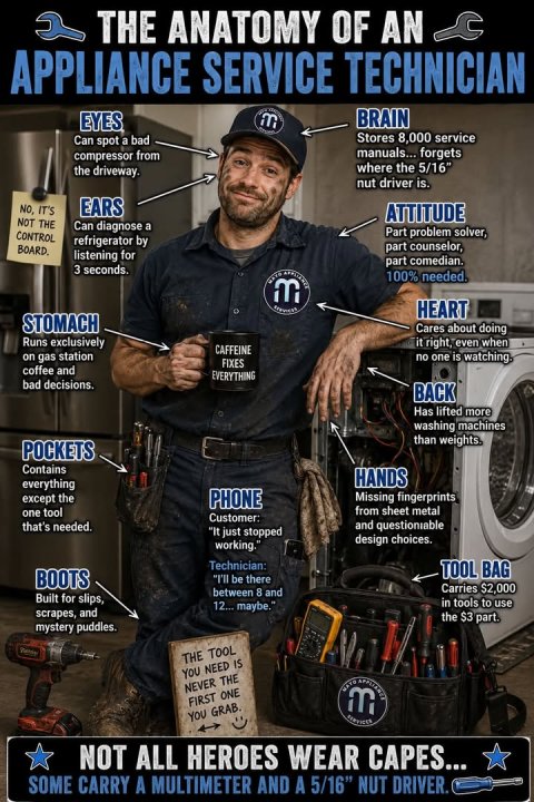 Baseball Cap, Power Drill, Person. Text: THE ANATOMY OF AN APPLIANCE SERVICE TECHNICIAN m BRAIN EYES Stores 8,000 service Can spot a bad manuals... forgets compressor from where the 5/16" the driveway. nut driver is. NO, IT'S EARS ATTITUDE NOT THE Can diagnose a Part problem solver, CONTROL refrigerator by part counselor, BOARD. listening for part comedian. 3 seconds. 100% needed. HEART STOMACH Cares about doing Runs exclusively it right, even when CAFFEINE no one is watching. on gas station FIXES coffee and EVERYTHING bad decisions. BACK Has lifted more washing machines than weights. POCKETS Contains HANDS everything except the PHONE Missing fingerprints from