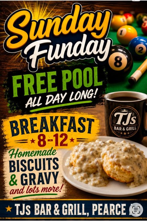 Advertisement, Poster, Plate. Text: 1 Funday 2 8 FREE POOL ALL DAY LONG! BREAKFAST BAR &amp; GRILL 8-12 Homemade BISCUITS and lots more!