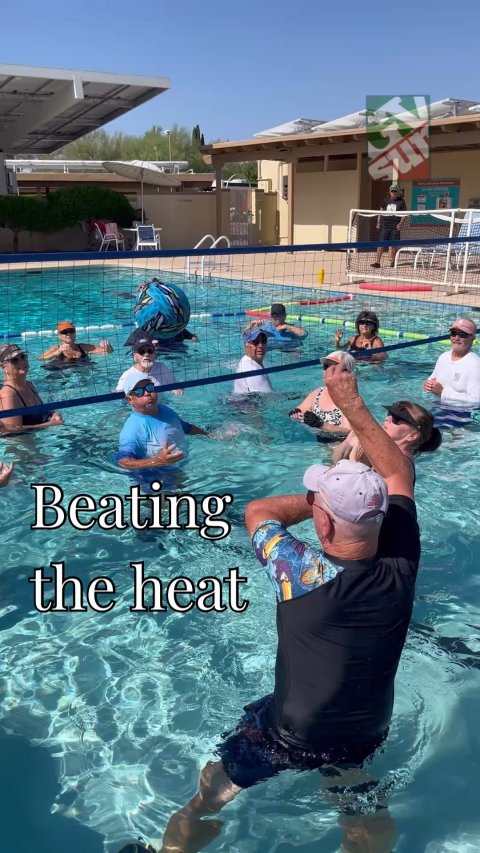 Water, Person, Hat. Text: sur Beating the heat
