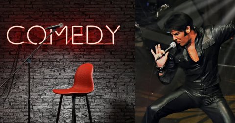 Microphone, Person, Woman. Text: COMEDY