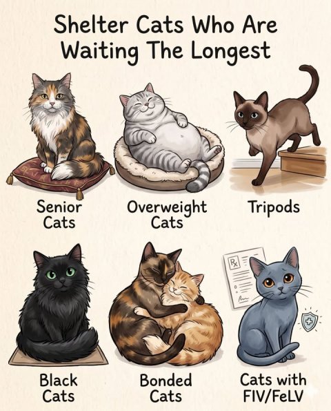 Cat, Mammal, Pet. Text: Shelter Cats Who Are Waiting The Longest Senior Overweight Tripods Cats Cats + Black Bonded Cats with Cats Cats FIV/FeLV