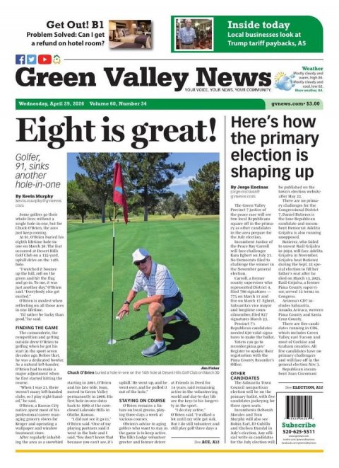 Adult, Man, Person. Text: Get Out! B1 Inside today Problem Solved: Can get Local businesses look at a refund on hotel room? Trump tariff paybacks, AS f Weather Green Valley YOUR News VOICE YOUR COMMUNITY NEWS YOUR Eight is great! Here's how the primary Golfer, election is 91, sinks another shaping up hole-in-one be published - the