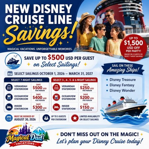 Advertisement, Poster, Person. Text: NEW DISNEY CRUISE LINE Savings! UP TO $1,500 USD OFF MAGICAL VACATIONS. UNFORGETTABLE MEMORIES. PER PARTY! SAVE UP TO $500 USD PER GUEST on Select Sailings! SAIL ON THESE Amazing Ships! SELECT SAILINGS OCTOBER 1, 2026 - MARCH 31, 2027 SELECT 7-NIGHT SAILINGS SELECT 3- 4-, 5. &amp; 6-NIGHT SAILINGS Disney Treasure SAVE SAVE Disney Fantasy VERANDAH VERANDAH $500 USD $250 USD STATEROOM STATEROOM PER PERSON Disney Wonder SAVE SAVE OCEANVIEW OCEANVIEW $400 USD $200 USD STATEROOM STATEROOM PER PERSON PER PERSON SAVE SAVE INSIDE INSIDE $150 USD STATEROOM STATEROOM