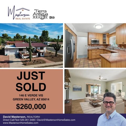 Advertisement, Poster, Microwave. Text: REAL ESTATE JUST SOLD 146 E VERDE VIS GREEN VALLEY, AZ 85614 $260,000 David Masterson, REALTOR® Direct Call/Text 520.261.5485 David@MastersonHomeSales.com www.MastersonHomeSales.com