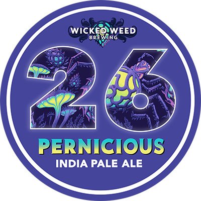 Symbol, Number, Logo. Text: WICKED WEED BREWING PERNICIOUS INDIA PALE ALE