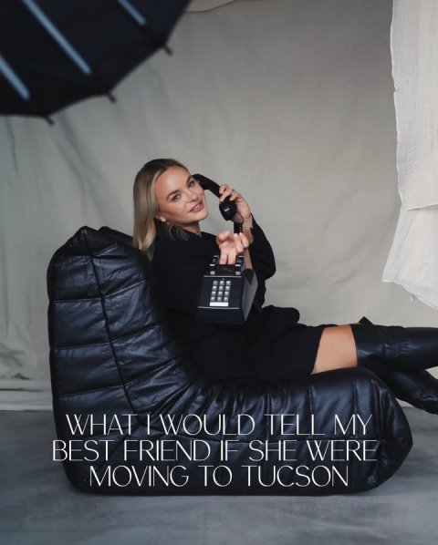 Furniture, Person, Woman. Text: BEST FRIEND IF SHE WERE MOVING TO TUCSON