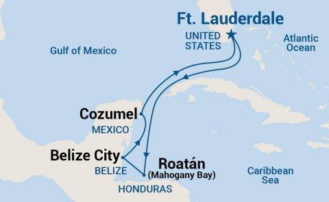 Plot, Nature, Outdoors. Text: Ft. Lauderdale UNITED Atlantic STATES Ocean Gulf of Mexico Cozumel MEXICO Belize City Roatán BELIZE Caribbean (Mahogany Bay) Sea HONDURAS
