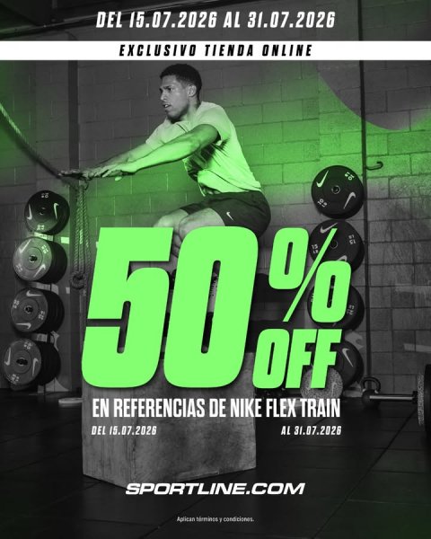 Advertisement, Poster, Person. Text: DEL 15.07.2026 AL 31.07.2026 EXCLUSIVO TIENDA ONLINE OFF EN REFERENCIAS DE NIKE FLEX TRAIN DEL 15.07.2026 AL 31.07.2026 SPORTLINE.COM