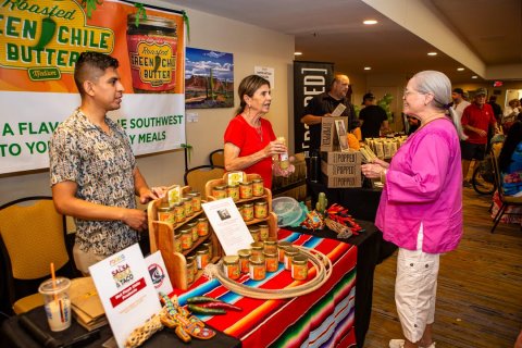 Adult, Person, Woman. Text: EN CHILE BUTTER GREEN BUTTER ED] Y MEALS TO YO SALSA