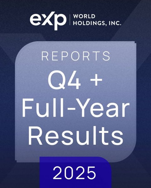 Text, Business Card, Computer Hardware. Text: exp WORLD HOLDINGS, INC. REPORTS Q4 + Full-Year Results 2025