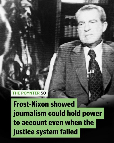 Formal Wear, Tie, Necktie. Text: THE POYNTER 50 Frost-Nixon showed journalism could hold power to account even when the justice system failed