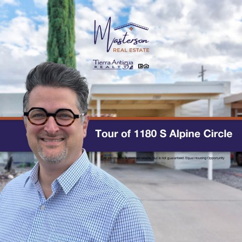 Glasses, Photography, Portrait. Text: REAL ESTATE Tierra Antigua Tour of 1180 S Alpine Circle