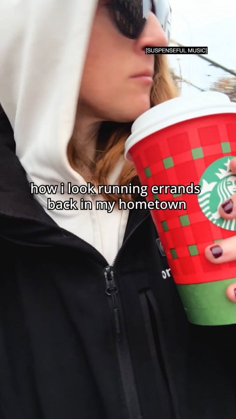 Coat, Jacket, Cup. Text: how i look running errands back in my hometown or