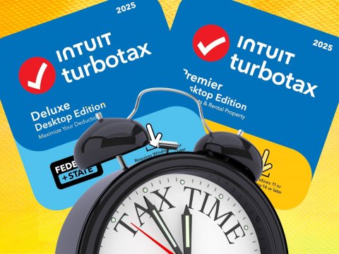 Alarm Clock, Clock, Disk. Text: 2025 INTUIT 2025 INTUIT turbotax turbotax Premier sktop Edition Deluxe Desktop Edition FEDE +STATE