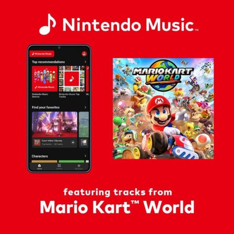 Mobile Phone, Super Mario, Person. Text: Nintendo Music™ Top recommendations MARIOKART WORLD Find your favorites Characters featuring tracks from Mario Kart TM World