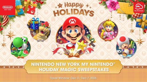 Baby, Person, Game. Text: Happy HOLIDAYS M NINTENDO NEW YORK MY NINTENDO™ HOLIDAY MAGIC SWEEPSTAKES