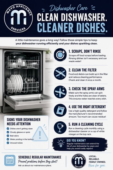 Advertisement, Poster, Device. Text: MAYO m APPLIANCE Dishwasher Care CLEAN DISHWASHER. SERVICES CLEANER DISHES. A little maintenance goes a long way! Follow these simple tips to keep your dishwasher running efficiently and your dishes sparkling clean. 1. SCRAPE, DON'T RINSE Scrape off food scraps before loading. Rinsing dishes isn't necessary and can waste water! 2. CLEAN THE FILTER Food and debris can build up in the filter and reduce cleaning performance. Check and clean it once a month. 3. CHECK THE SPRAY ARMS Make sure the spray arms can spin freely and the holes are clear of debris. This ensures water reaches every dish.