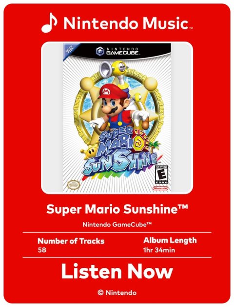 Advertisement, Poster, Person. Text: NENTENDO ONLY 3 The SUPER E Nintendo GameCube Number of Tracks Album Length 58 1hr 34min Listen Now © Nintendo