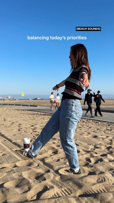 Photography, Pants, Person. Text: [BEACH SOUNDS] balancing today's priorities
