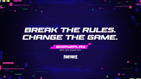 Purple, Lighting, Club. Text: BREAK THE RULES. CHANGE THE GAME. BORN2PLAY FORTNITE
