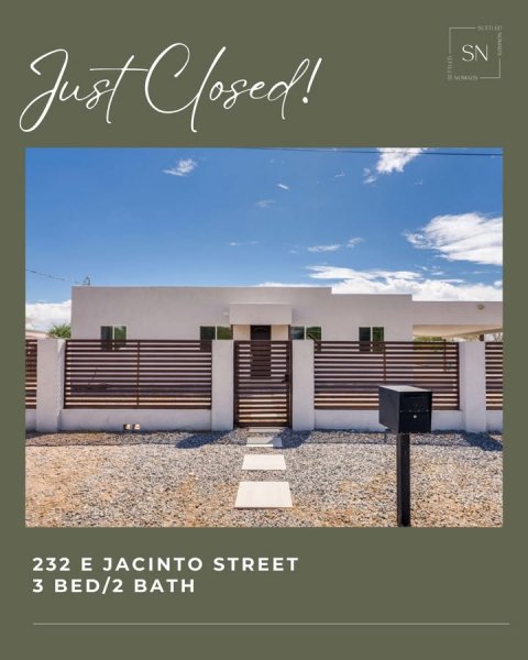 Villa, Gate, Indoors. Text: Just Closed! SN 232 E JACINTO STREET 3 BED/2 BATH