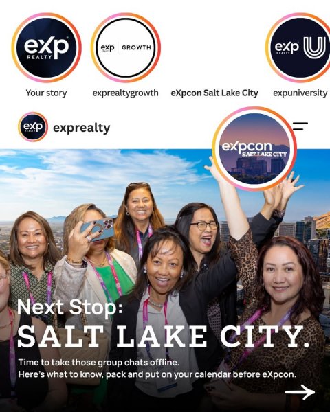 Advertisement, Poster, People. Text: exp exp GROWTH exp REALTY REALTY Your story exprealtygrowth eXpcon Salt Lake City expuniversity exp - exprealty expcon Next Stop: SALT LAKE CITY. Time to take those group chats offline. Here's what to know, pack and put on your calendar before eXpcon.