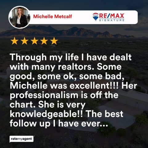 Person, Advertisement, Vegetation. Text: Michelle Metcalf RE/MAX SIGNATURE Through my life I have dealt with many realtors. Some good, some ok, some bad, Michelle was excellent!!! Her professionalism is off the chart. She is very knowledgeable!! The best follow up I have ever... ratemyagent