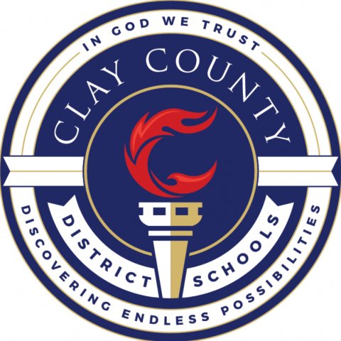 Logo, Emblem, Light. Text: IN GOD WE TRUST CLAY COUNTY DISCOVERING DISTRICT POSSIBILITIES SCHOOLS