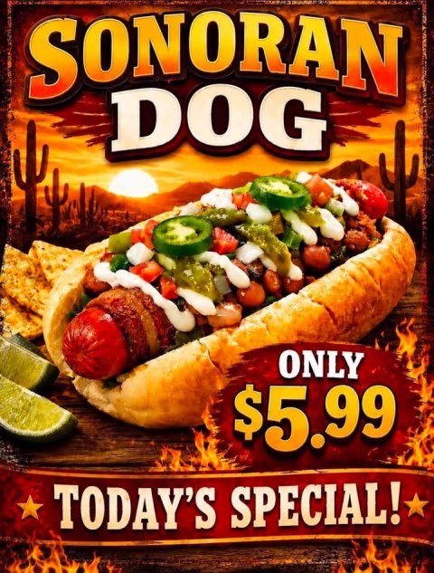 Food, Hot Dog, Poster. Text: SONORAN DOG ONLY $5.99 TODAY'S SPECIAL!