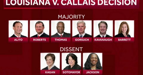 Adult, Person, Woman. Text: LOUISIANA V. CALLAIS DECISION MAJORITY ALITO ROBERTS THOMAS GORSUCH KAVANAUGH BARRETT DISSENT KAGAN SOTOMAYOR JACKSON