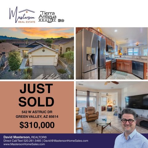Advertisement, Poster, Person. Text: ESTATE Tierra REAL JUST SOLD 542 W ASTRUC DR GREEN VALLEY, AZ 85614 $310,000 David Masterson, REALTOR® www.MastersonHomeSales.com