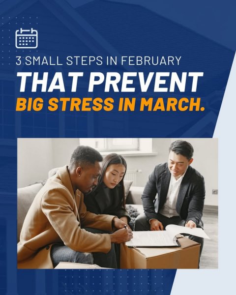 Advertisement, Poster, Person. Text: 3 SMALL STEPS IN FEBRUARY THAT PREVENT BIG STRESS IN MARCH.