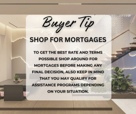 Advertisement, Poster, Business Card. Text: Buyer Tip SHOP FOR MORTGAGES TO GET THE BEST RATE AND TERMS POSSIBLE SHOP AROUND FOR MORTGAGES BEFORE MAKING ANY FINAL DECISION, ALSO KEEP IN MIND THAT YOU MAY QUALIFY FOR ASSISTANCE PROGRAMS DEPENDING ON YOUR SITUATION.