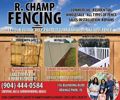 Advertisement, Poster, Person. Text: R. CHAMP COMMERCIAL- RESIDENTIAL FENCING WHOLESALE-ALL TYPES OF FENCE SALES-INSTALLATION-REPAIRS LET OUR FAMILYHELP PROTECT YOUR FAMILY WITH A NEW FENCE WHITEVINYL PICKET FENCE WITH GATE INSTALLED Standard Installation Only Standard Installation Only Standard Installation Only LICENSED &amp; INSURED CALL TODAY FOR A FREE ESTIMATE! (904) 444-0584 316 BLANDING BLVD ORANGE PARK, FL SERVING JAX&amp; SURROUNDING AREAS SEND COMPETITOR'S QUOTETO RANDYCHAMP61@YAHOO. COM &amp;WELL BEAT IT!