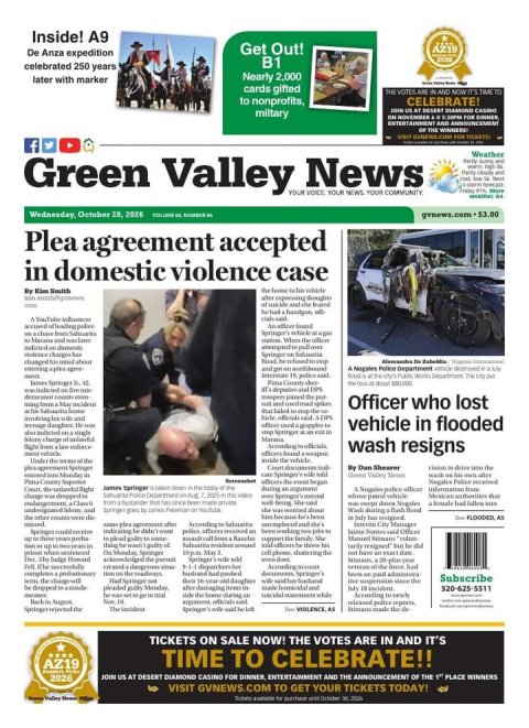 Newspaper, Text, Person. Text: Inside! A9 Get Out! AZ19 De Anza expedition B1 celebrated 250 years Nearly 2,000 later with marker cards gifted THE VOTES ARE IN AND NOW IT'S TIME TO to nonprofits, CELEBRATE! miltary f Weather Green Valley YOUR News VOICE