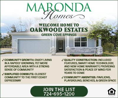 Advertisement, Poster, Indoors. Text: MARONDA Homes WELCOME HOME TO OAKWOOD ESTATES GREEN COVE SPRINGS COMMUNITY GROWTH: ENJOY LIVING IN A RAPIDLY GROWING, YET MORE FEATURES, SMART HOME TECHNOLOGY, AFFORDABLE AREA WITH A STRONG AND NEW HOME WARRANTY, PROVIDING SENSE OFCOMMUNITY SATISFACTION &amp; PEACE OF MIND FOR YEARS TO COME COMMUNITY TO THE FIRST COAST EXPRESSWAY PLAYGROUND, BENCHES, &amp; GREEN SPACE JOIN THE LIST 724-695-1200