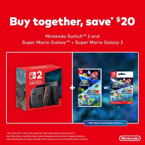 Advertisement, Poster, Computer Hardware. Text: Buy together, save* $20 Nintendo Switch™ 2 and Super Mario Galaxy™ +Super Mario Galaxy 2 NINTENDO SWITCH + or SUPER FREE UPDATE FOR NINTENDO SWITCH 2