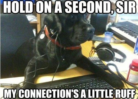 Headphones, Cup, Piano. Text: HOLD ON A SECOND, SIR MY CONNECTION'S A LITTLE RUFF