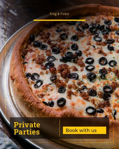 Food, Pizza, Advertisement. Text: Private Book with us Parties