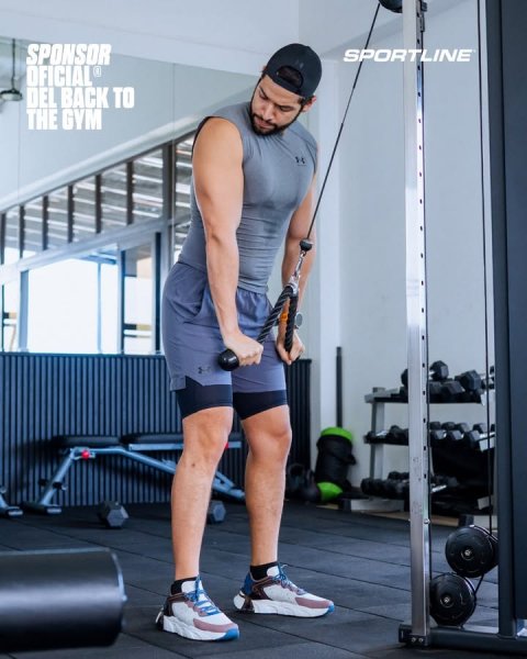 Shorts, Mace Club, Gym Weights. Text: SPONSOR SPORTLINE DEL BACK TO THE GYM