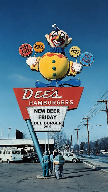 Advertisement, City, Person. Text: SHAKES FRiES OVERS HOT DOGS HAMBURGERS NEW BEER FRIDAY DEE BURGER