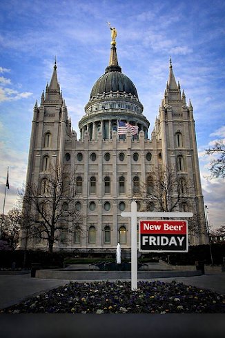 Cathedral, City, Urban. Text: New Beer FRIDAY