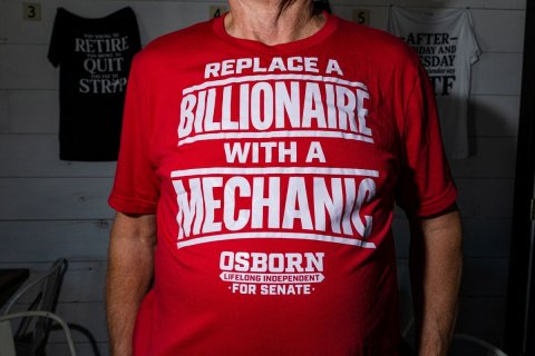 T-Shirt, Shirt, Chair. Text: 3 5 AFTER- RETIRE NDAY AND QUIT REPLACE A SDAY BILLIONAIRE WITH A OSBORN LIFELONG INDEPENDENT FOR SENATE