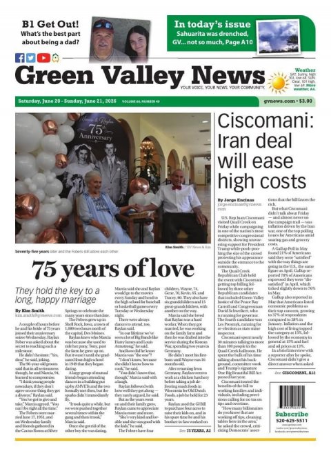 Newspaper, Man, Person. Text: B1 Get Out! In today's issue What's the best part Sahuarita was drenched, about being a dad? GV... not so much, PageA10 f Green Valley YOUR News VOICE YOUR YOUR Weather NEWS COMMUNITY Ciscomani: Anniversary Iran deal will ease high costs