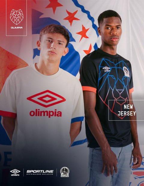 T-Shirt, Shirt, Person. Text: OLIMPIA umbro NEW olimpia JERSEY SPORTLINE umbro