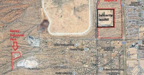 Outdoors, Nature, Plot. Text: BANCHO Sahuarita landfill Karley Industrial Park