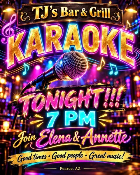 Lighting, Urban, Lamp. Text: TJ's Bar&amp;Grill KARAOKE TONIGHT!!! 7 PM Join Elena &amp; Annette Good times . Good people . Great music! Pearce, AZ