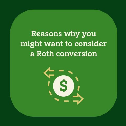 Recycling Symbol, Advertisement, Poster. Text: Reasons why you might want to consider a Roth conversion $