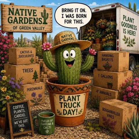 Potted Plant, Planter, Cup. Text: NATIVE BRING IT ON. I WAS BORN GARDENS PLANT FOR THIS. GOODNESS OF GREEN VALLEY IS HERE! NATIVE GARDENS CACTUS &amp; SUCCULENTS HANGING BASKETS TREES 1 GALLONS PERENNIALS PLANT TRUCK COFFEE. BOUGAINVILLEA PLANTS. DAY! CARDIO. VINES FUELED BY WE'VE GOT CAFFEINE &amp; THIS. CACTI