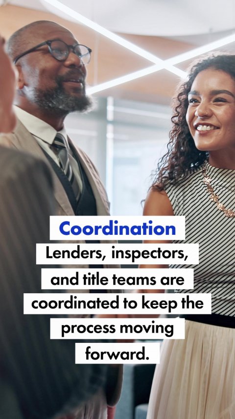 Adult, Person, Woman. Text: Coordination Lenders, inspectors, and title teams are coordinated to keep the process moving forward.